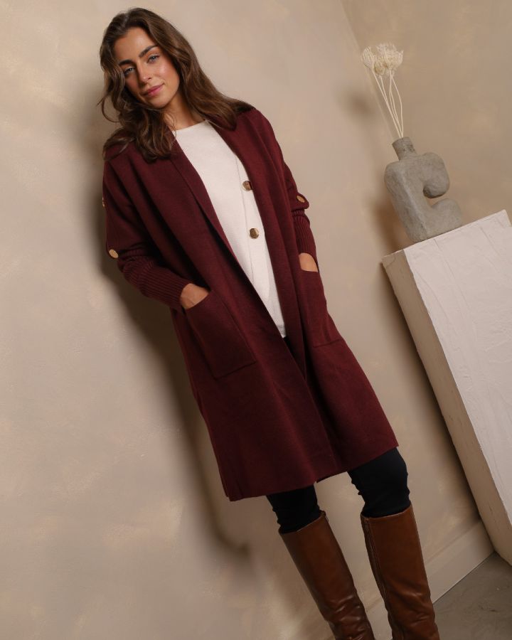 Aurelia Gold Button Longline Cardigan – Burgundy
