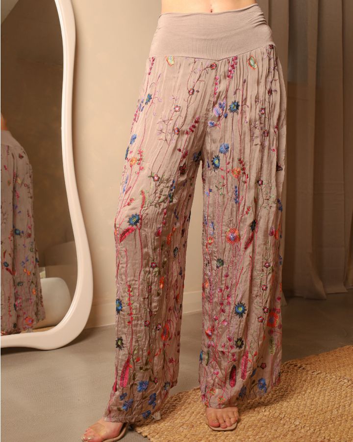 Saffy Embroidered Silk Trouser | Taupe