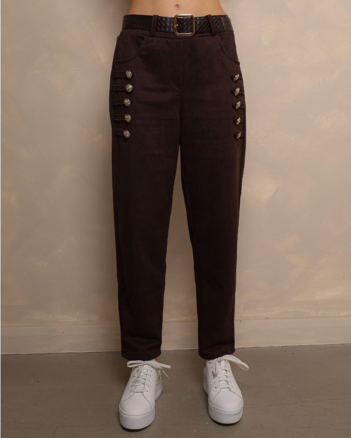 Florence Suedette Button Detail Trousers – Chocolate Brown