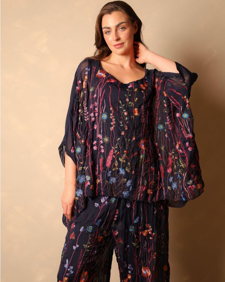 Saffy Embroidered  Silk Top | Navy