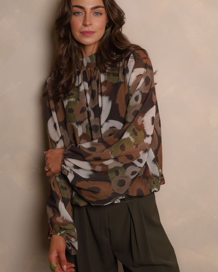 Camile Abstract Floral Blouse – Chocolate & Olive