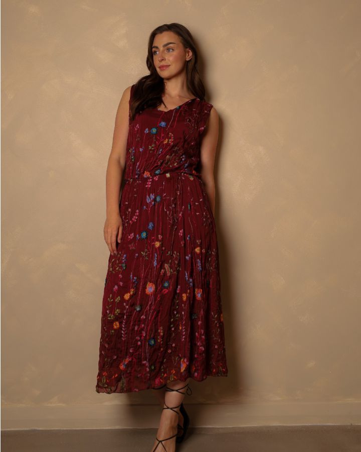 Saffy Embroidered Silk Dress | Wine
