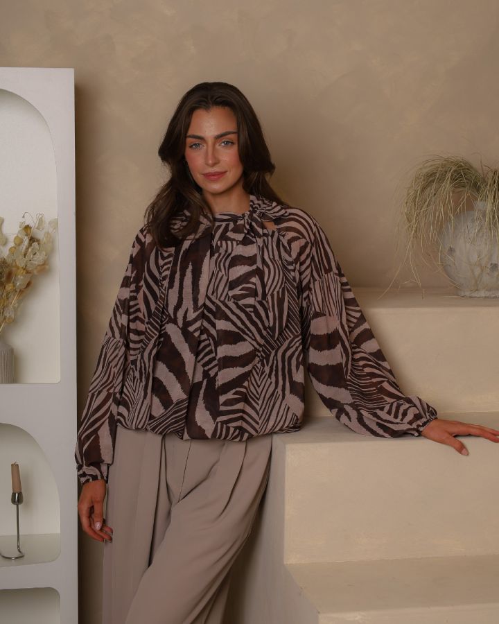 Maribel Tie-Neck Printed Blouse – Chocolate
