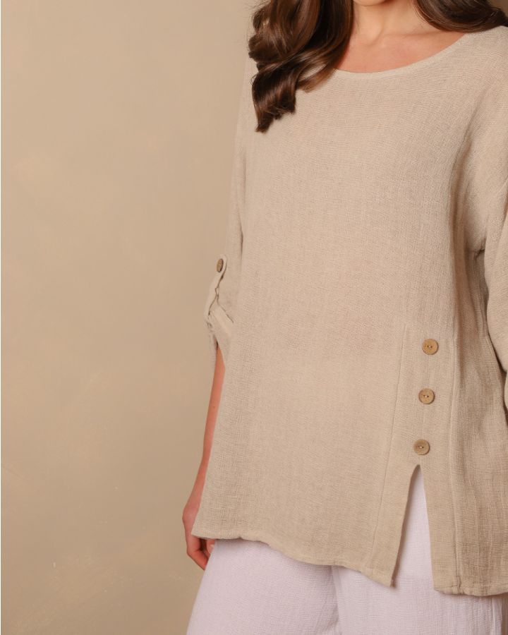 Elowen Linen Button Detail Top | Natural