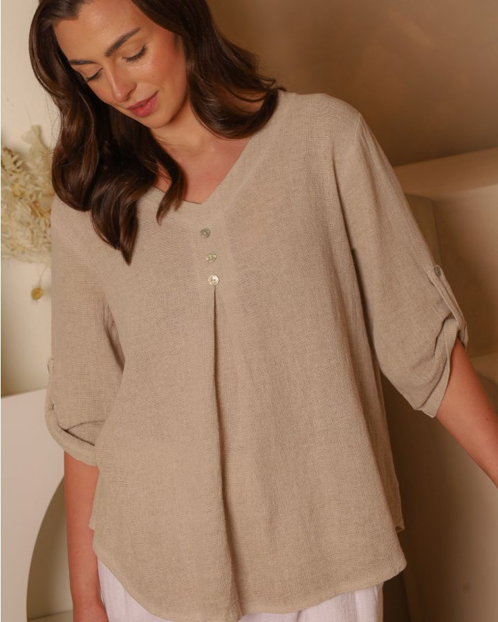 Liora Linen Notch-Neck Top | Oatmeal