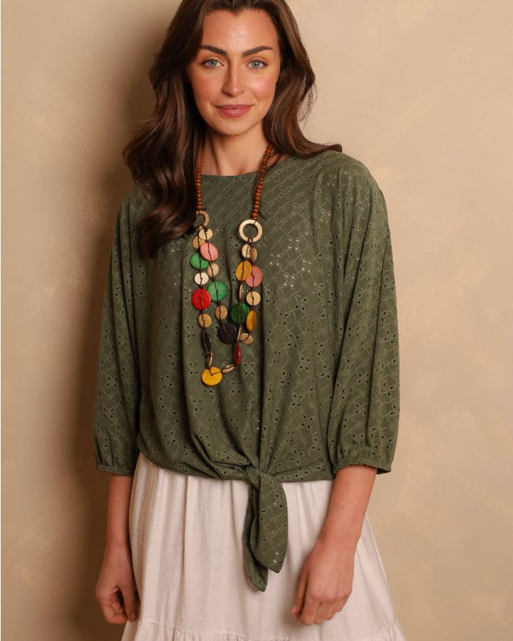 Olivea Broderie Tie Top | Khaki