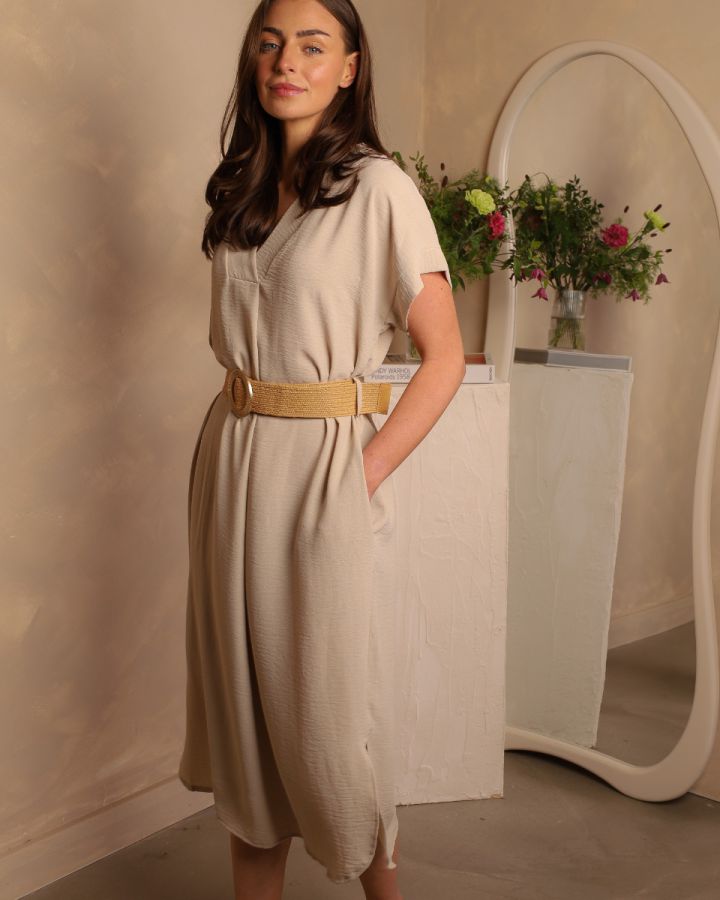 Alisha Belted Midi Dress | Beige