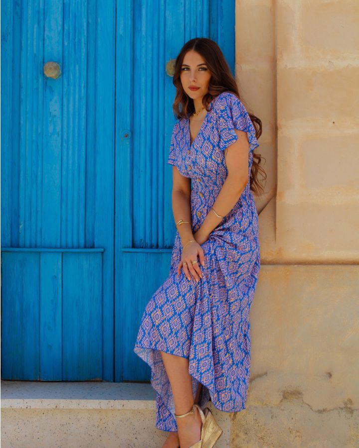 Karishma Bardot Aztec Foil Print Maxi Dress | Blue