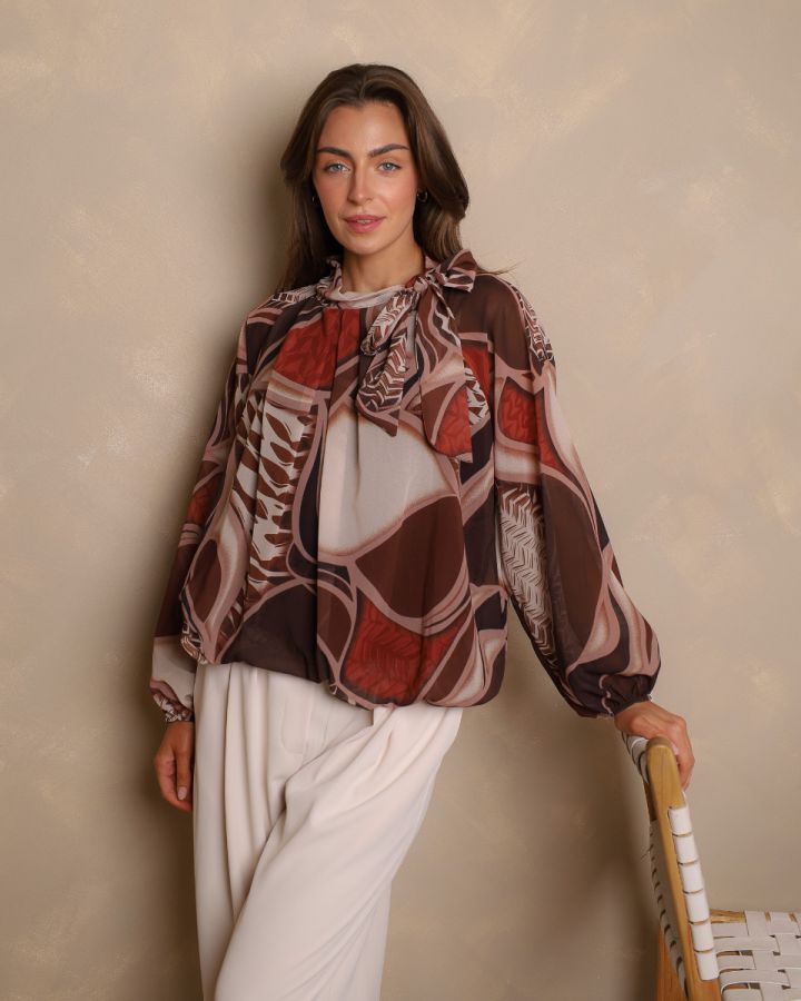 Maribel Tie-Neck Printed Blouse – Chocolate & Rust