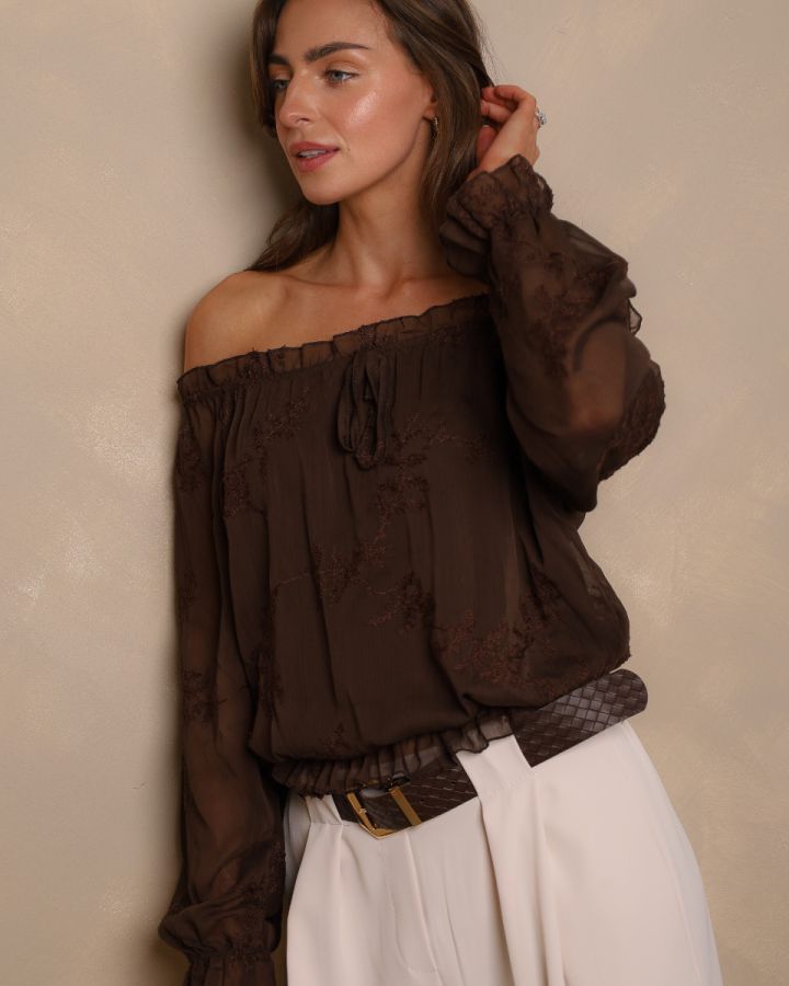 Elodie Embroidered Bardot Blouse – Chocolate