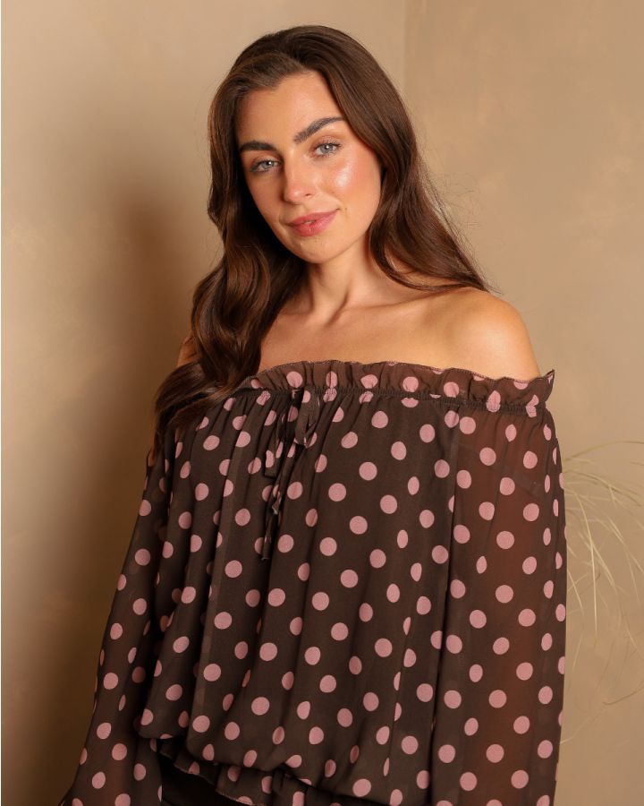 Bella Bardot Polka Dot Top | Chocolate
