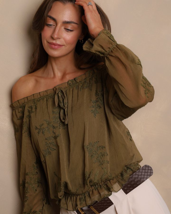 Elodie Embroidered Bardot Blouse – Olive