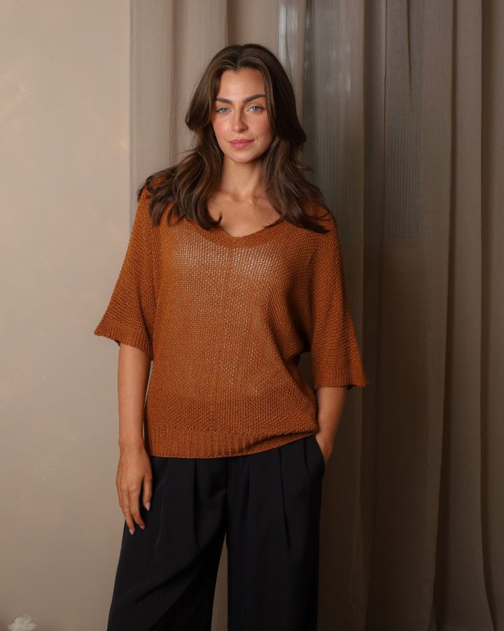 Sienna Open-Knit V-Neck Jumper – Burnt Orange