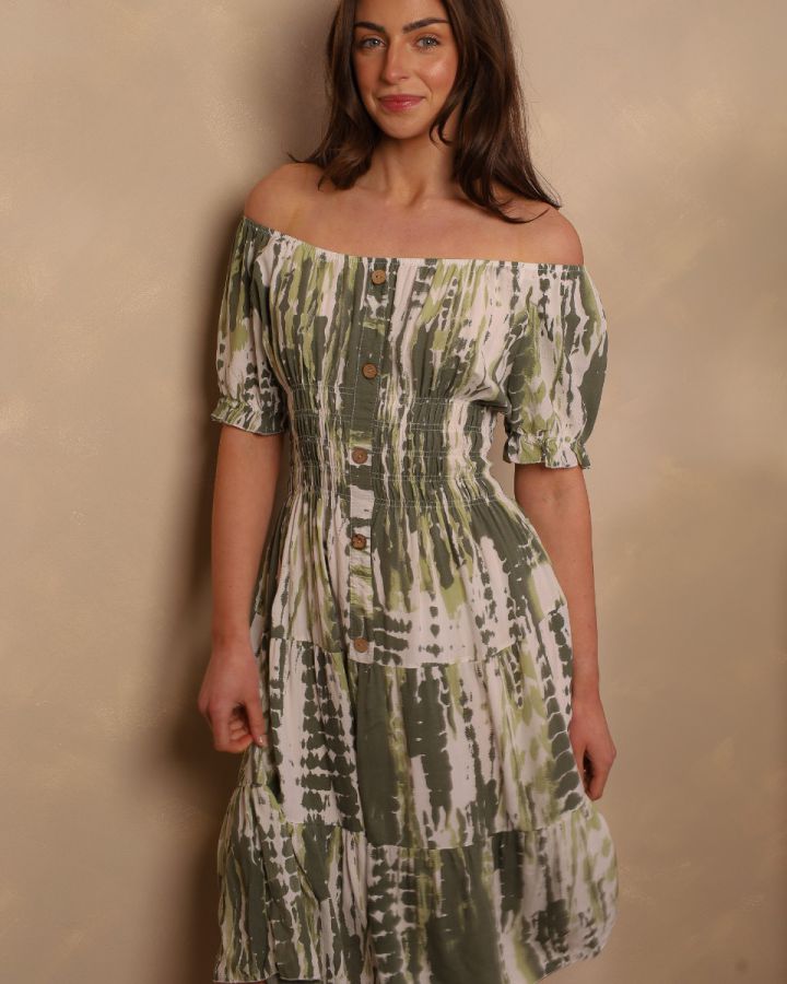 Karishma Bardot Tie-Dye Midi Dress | Khaki