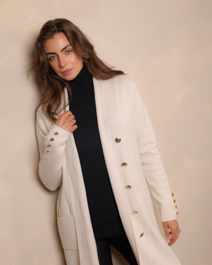 Florence Longline Gold Button Cardigan – Cream