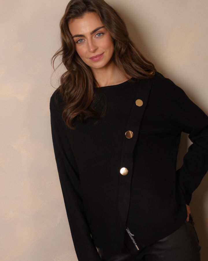 Aurelia Asymmetric Button Detail Knit Top – Black