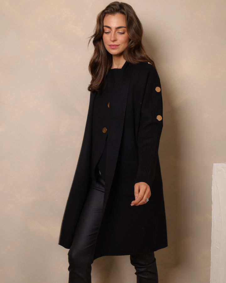 Aurelia Gold Button Longline Cardigan – Black
