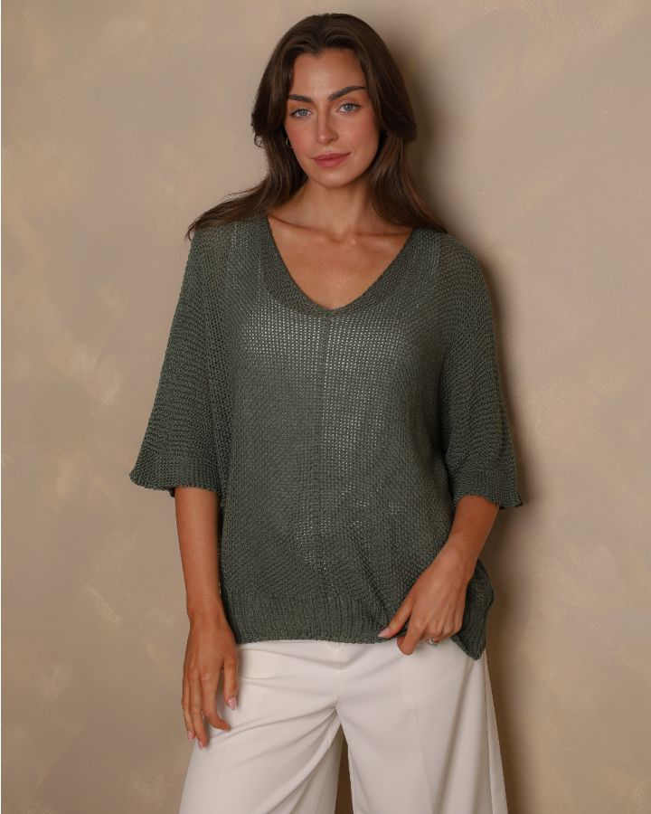 Sienna Open-Knit V-Neck Jumper – Khaki