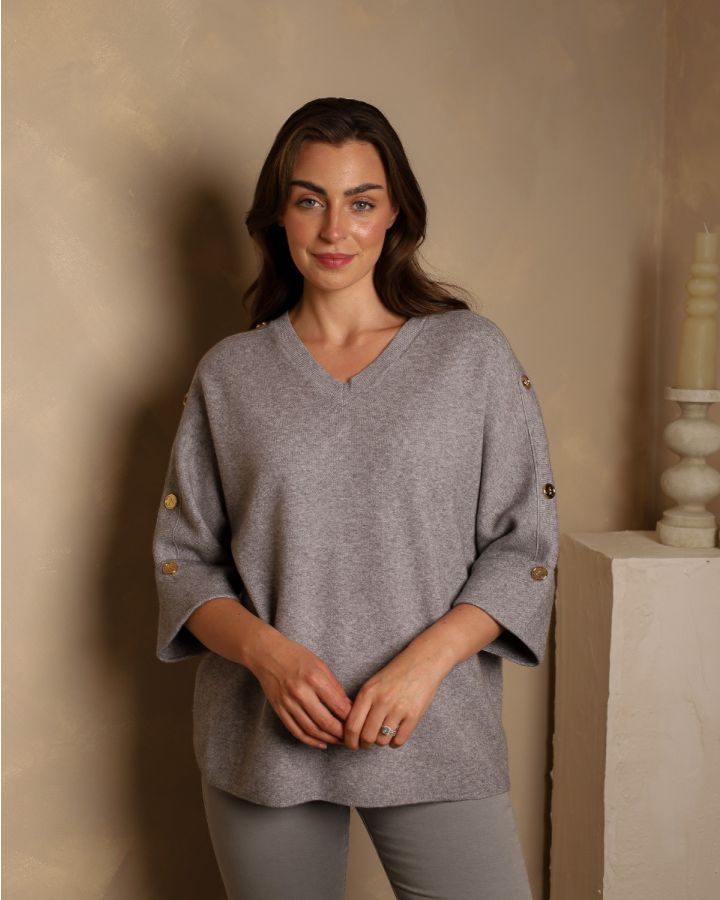 Petra Gold Button Knit | Grey