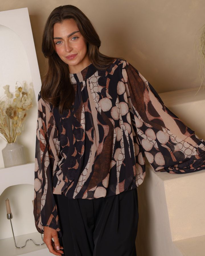 Camile Abstract Print Blouse – Black & Mocha