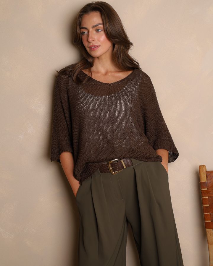 Sienna Open-Knit V-Neck Jumper – Chocolate Brown