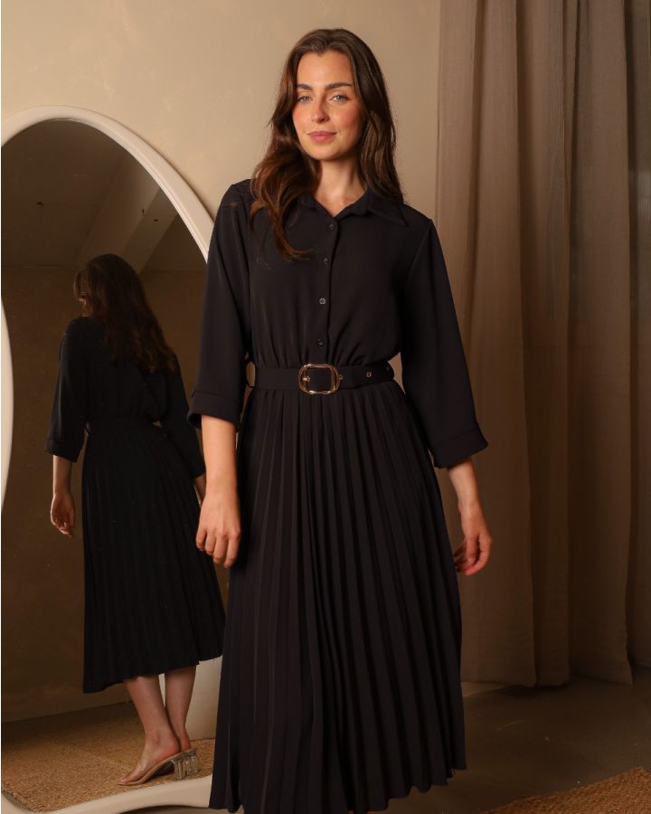 Penny Pleated Shirt Dress | Black