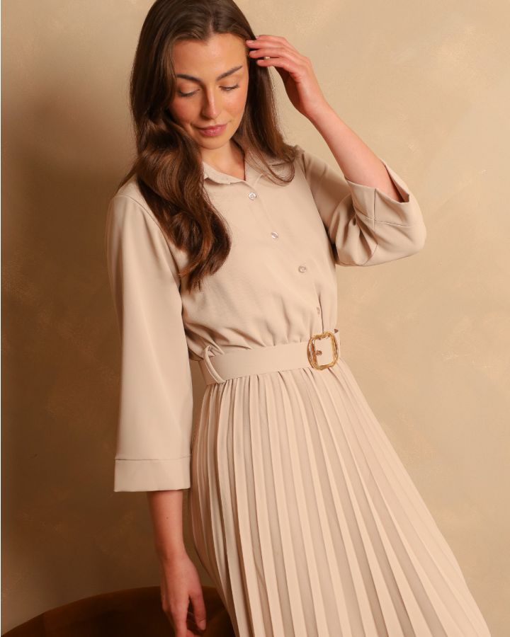 Penny Pleated Shirt Dress | Beige 