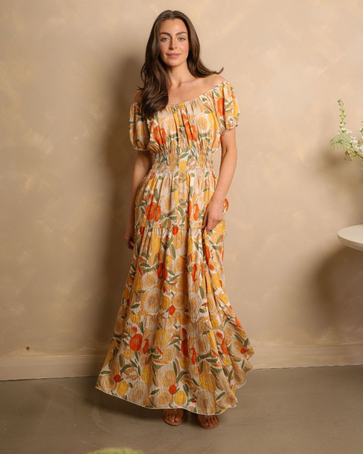 Karishma Floral Bardot Maxi Dress – Cream Multi