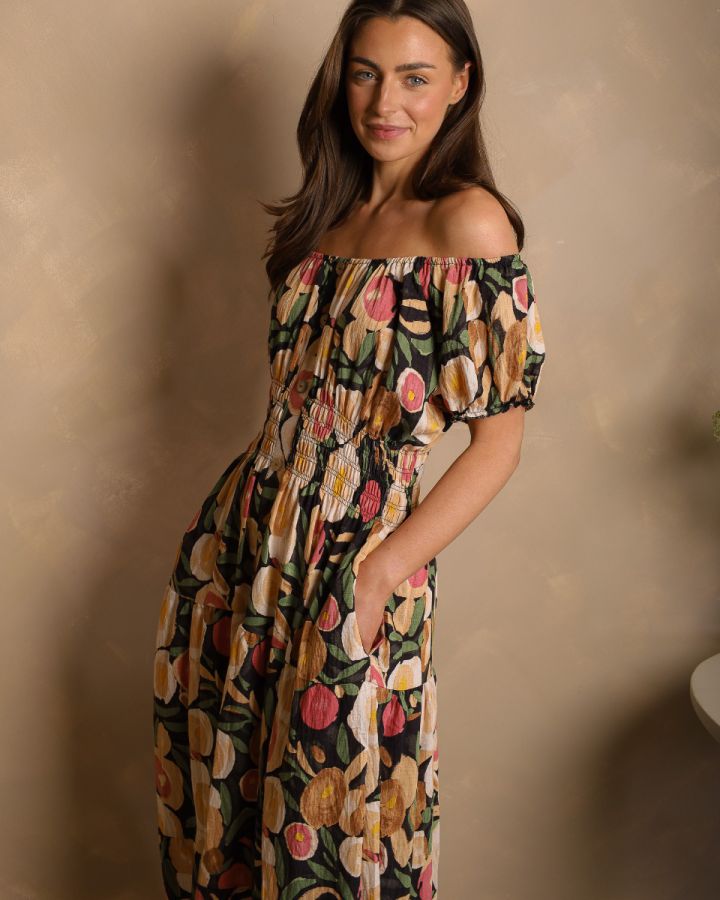 Karishma Floral Bardot Maxi Dress – Black Multi