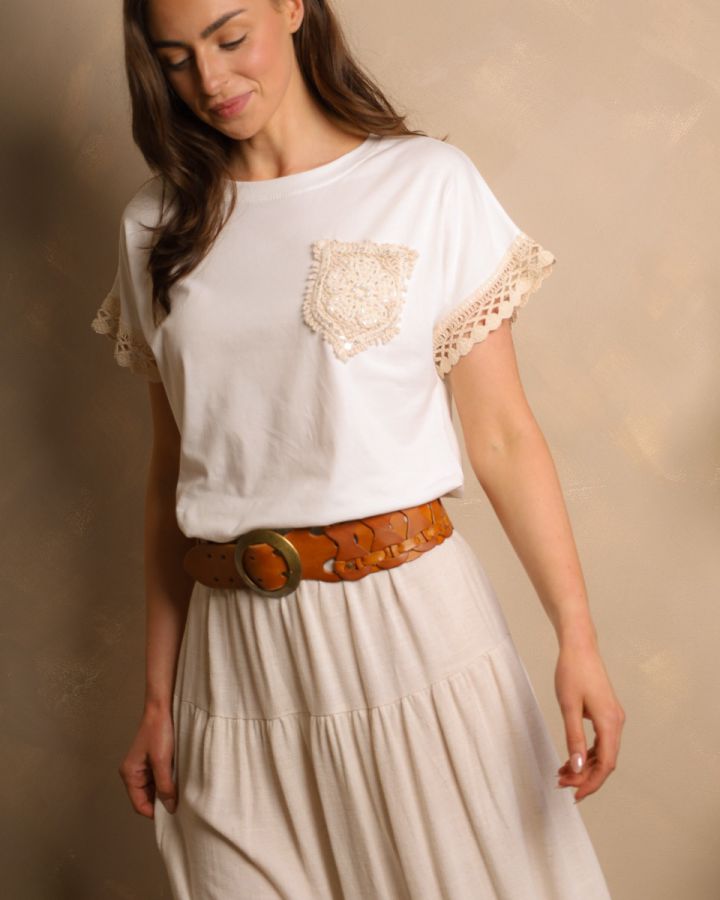 Elodie Lace Pocket Tee – White