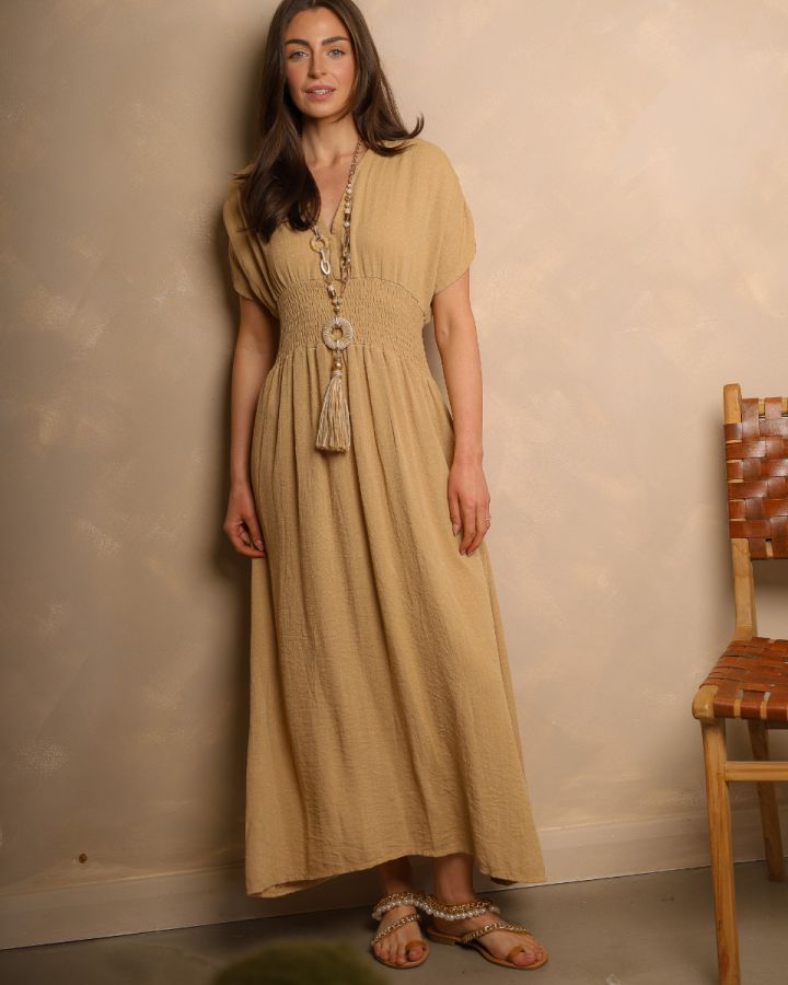 Sienna Shirred Maxi Dress – Camel