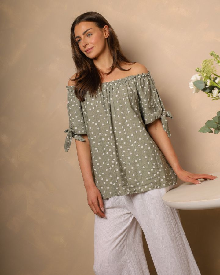 Sage Spot Bardot Top – Sage Green
