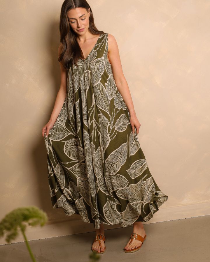 Olive Palm Maxi Dress – Khaki