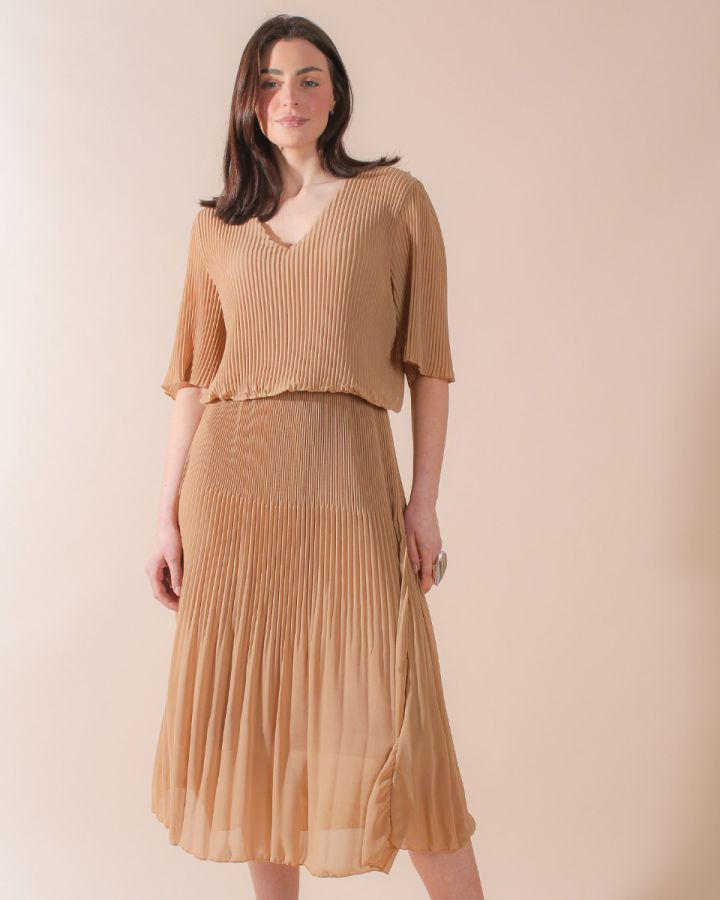 Ziggy Plain Pleated Dress Dress | Camel