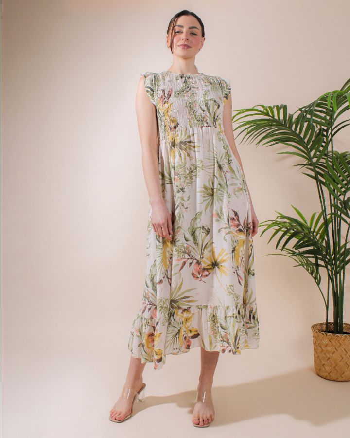 Enya Flower Print Midi Dress | Beige