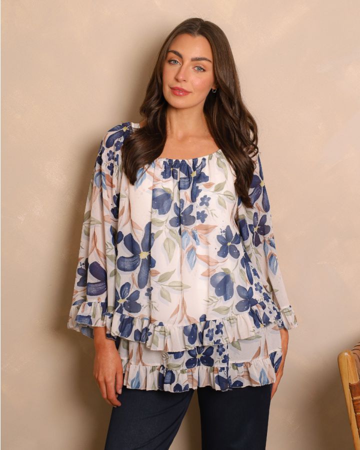 Amelie Floral Tiered Top | Ivory & Blue