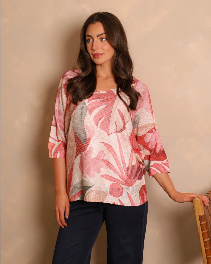 Elara Leaf-Print Knit Top | Coral Mix