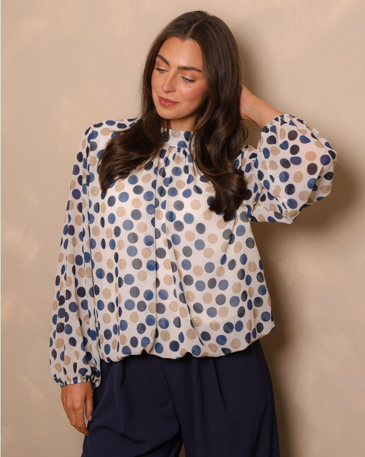 Camile Polka Dot Blouse | Navy, Blues, Taupe & Ivory