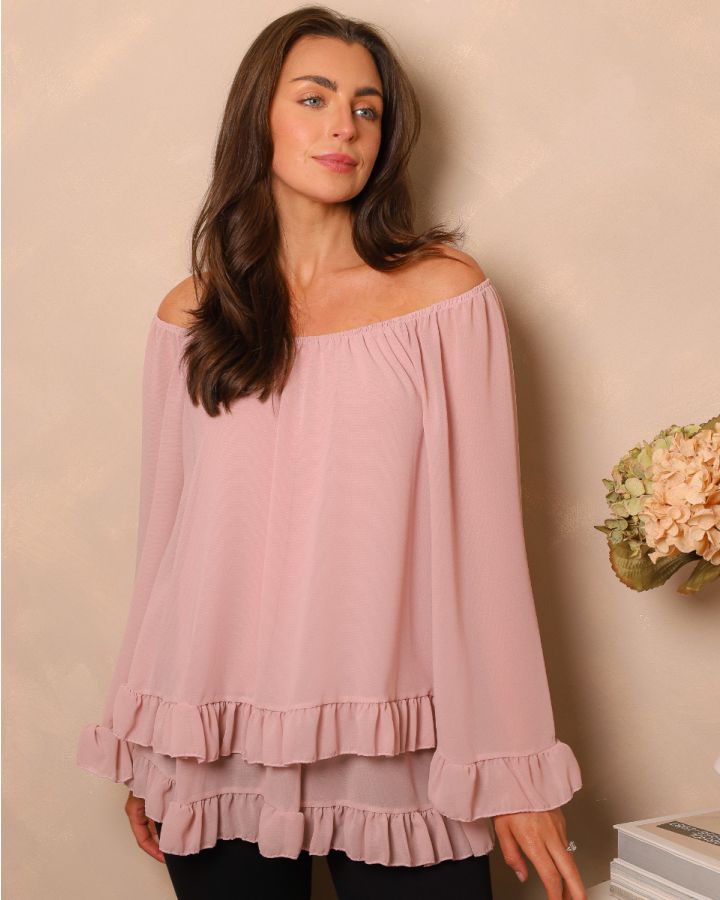 Rosalie Off-Shoulder Ruffle Blouse | Soft Blush