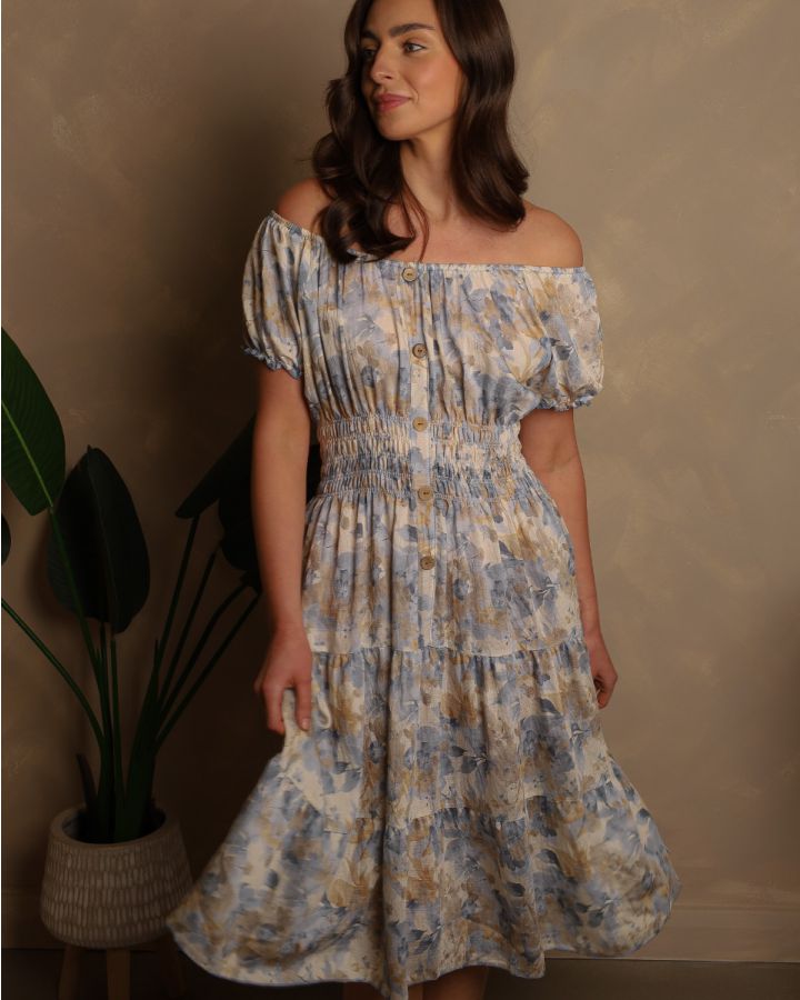 Karishma Bardot Floral Midi Dress | Soft Blue Floral