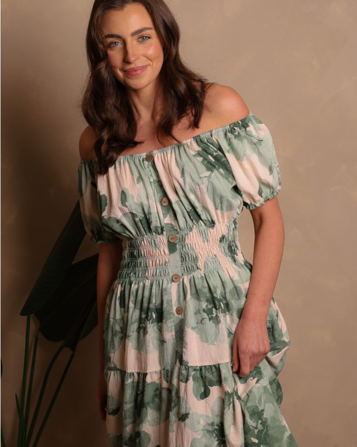 Karishma Bardot Botanical Midi Dress | Sage & Cream
