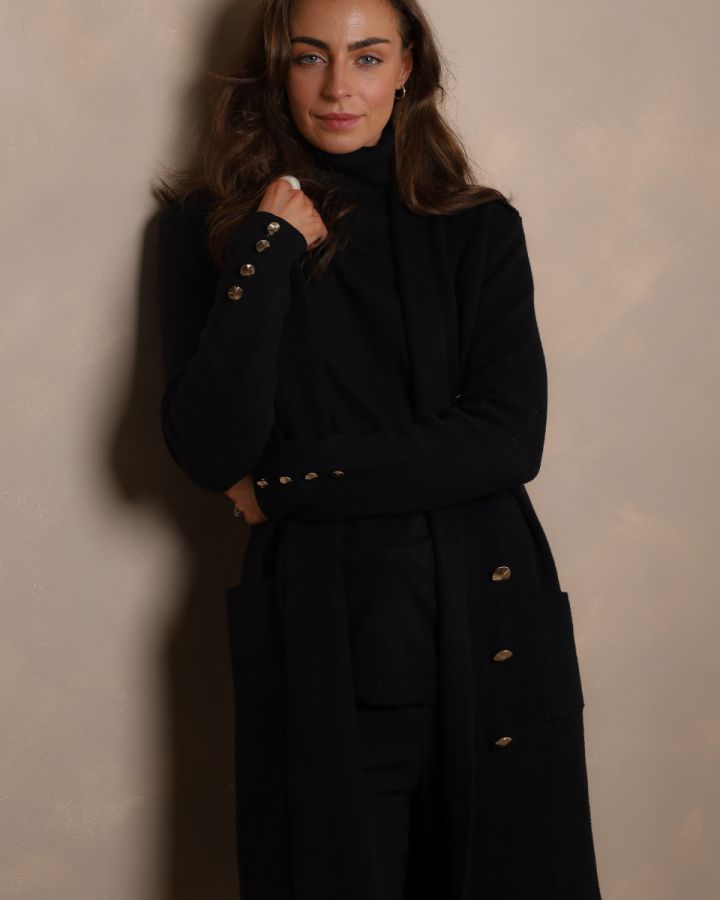 Florence Longline Gold Button Cardigan – Black