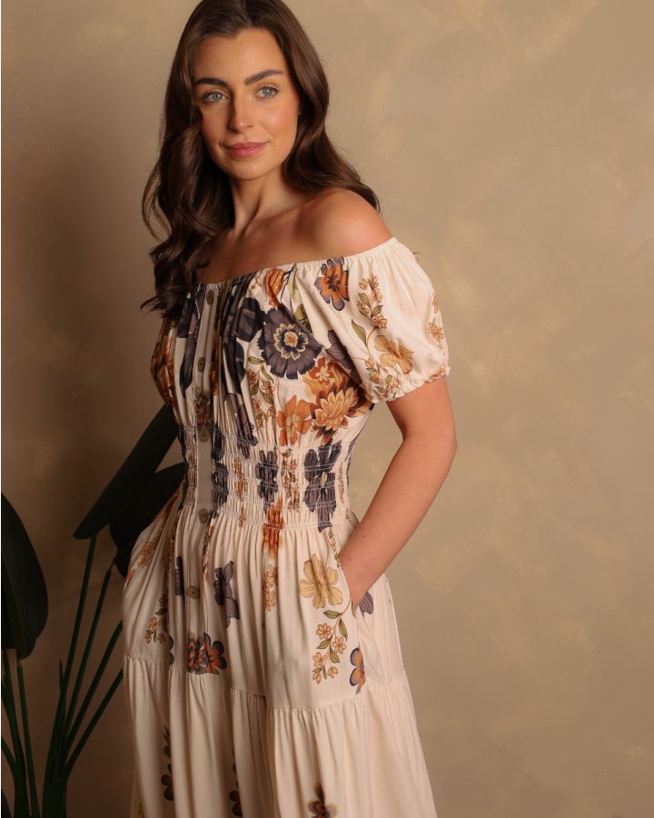 Karishma Bardot Floral Maxi Dress | Cream Multi