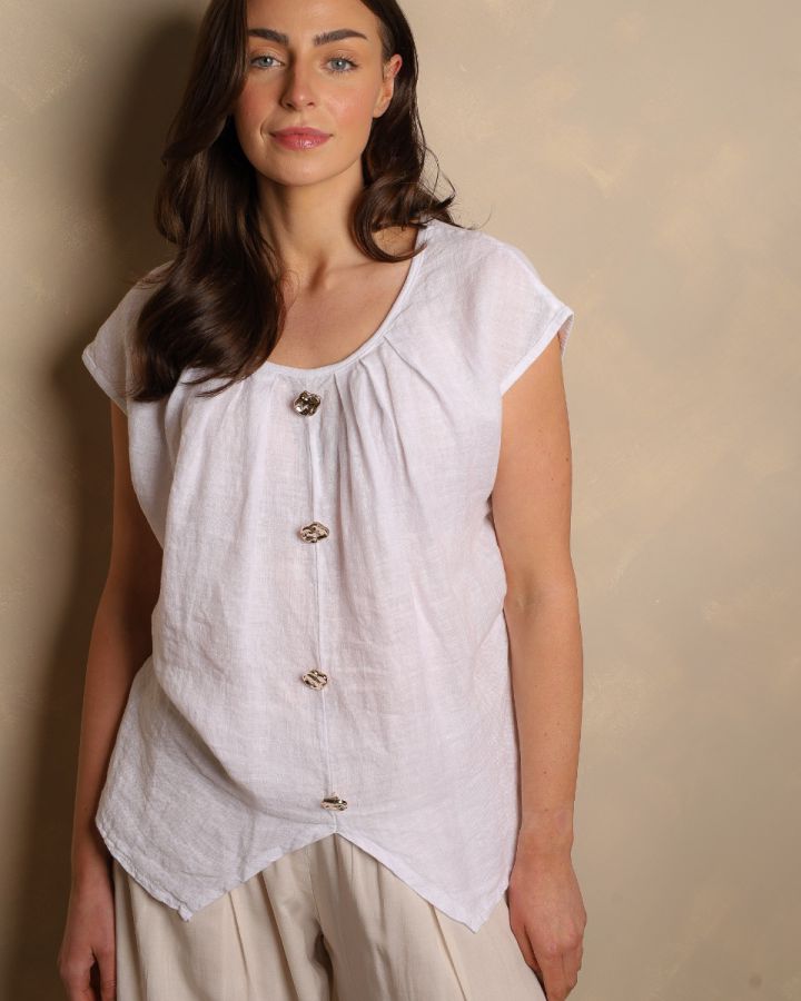 Virella Linen Button Top | White