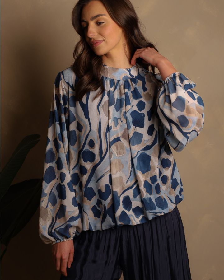 Camile Abstract Blouse |Navy & Sand