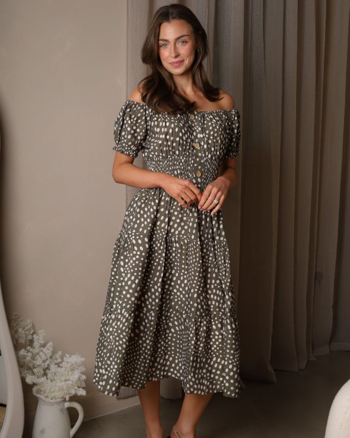 Karishma Bardot Polka Dot Midi Dress – Khaki & Cream