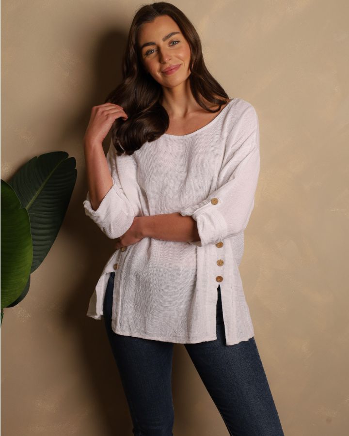 Elowen Linen Button Detail Top | White