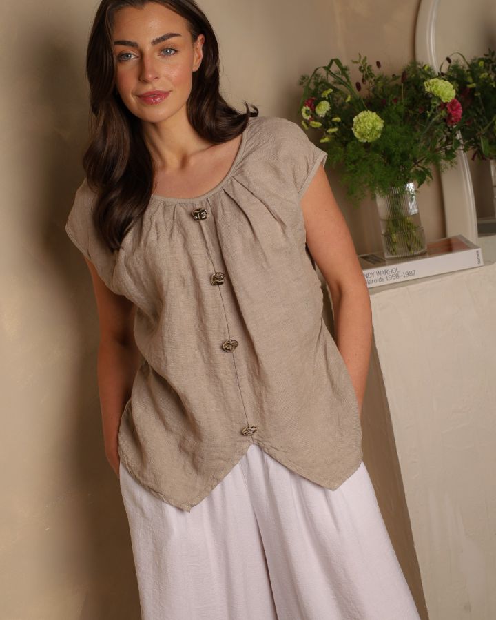 Virella Linen Button Top | Taupe