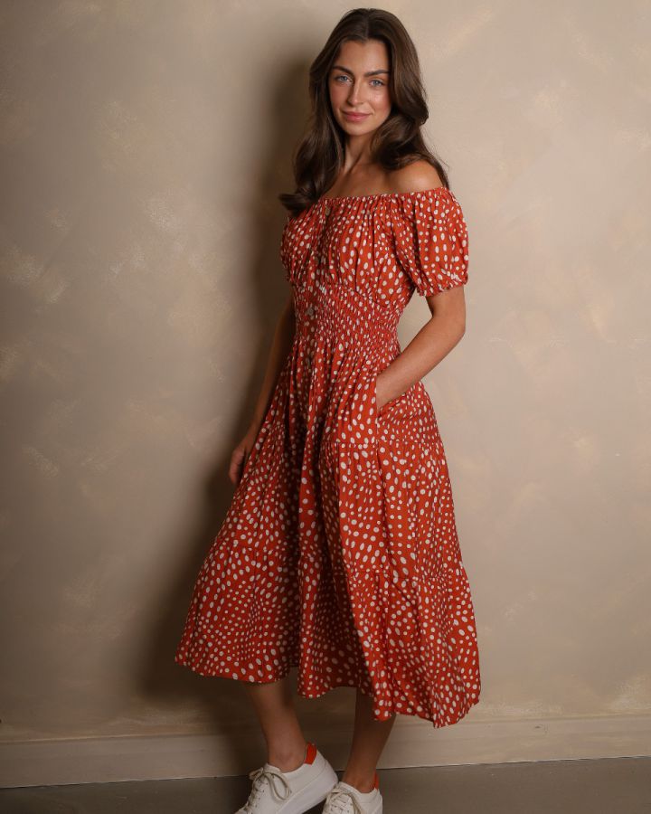 Karishma Bardot Polka Dot Midi Dress – Rust & Cream