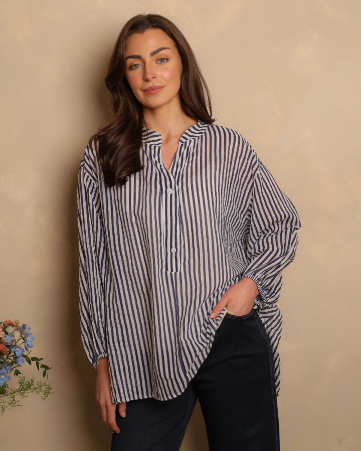 Chiara Stripe Cotton Blouse | Navy